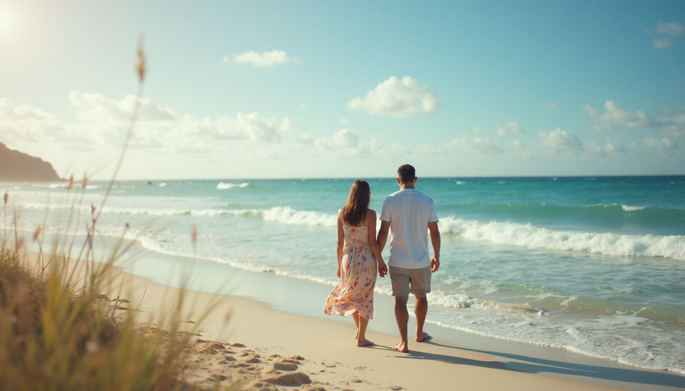Wide angle view of a staged vacation moment by the beach