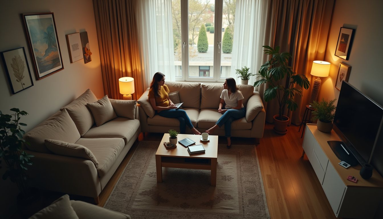 High angle view of two people sitting comfortably in a cozy living room, engaged in calm conversation