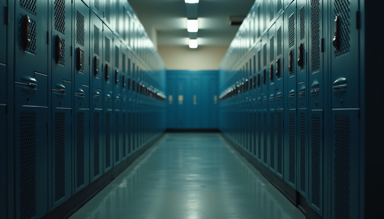Eye-level view of a cluttered gym locker room