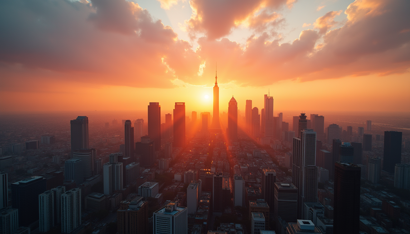 High angle view of a vibrant city skyline at sunset