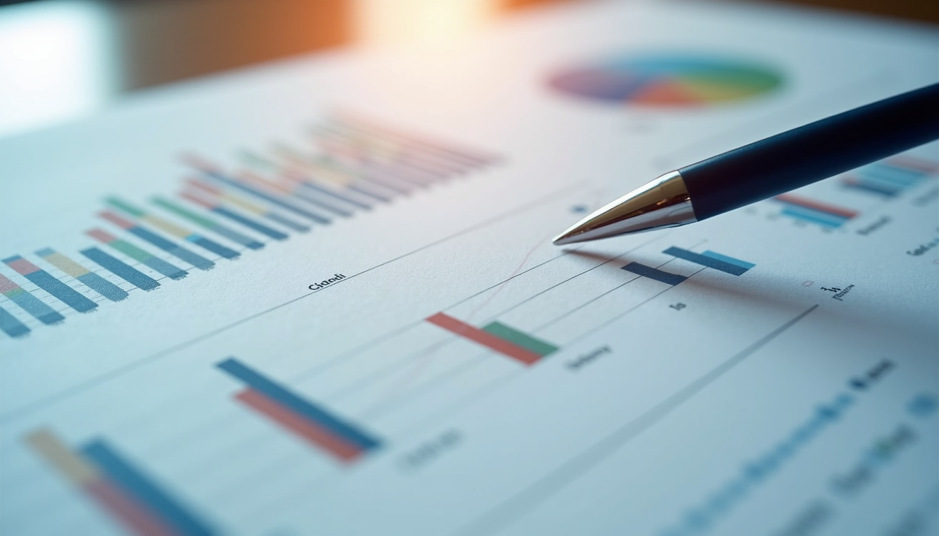 Close-up view of a financial report with graphs and charts
