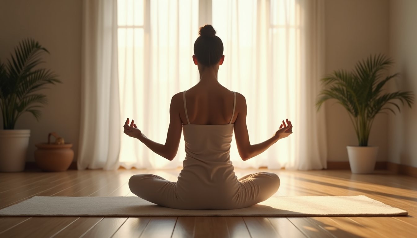 Eye-level view of a person practicing mindful breathing in a calm room