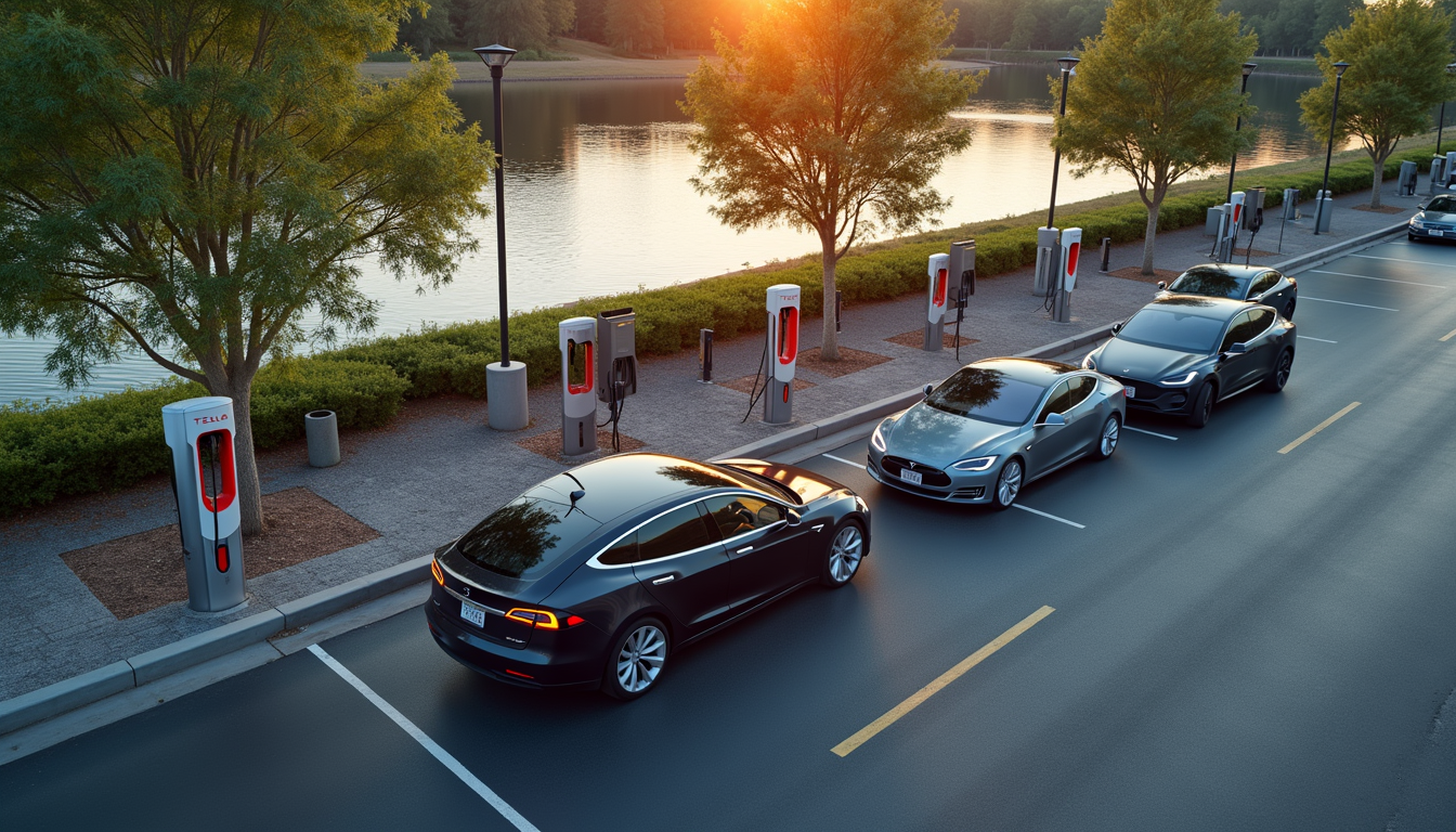 High angle view of a Tesla electric vehicle charging station