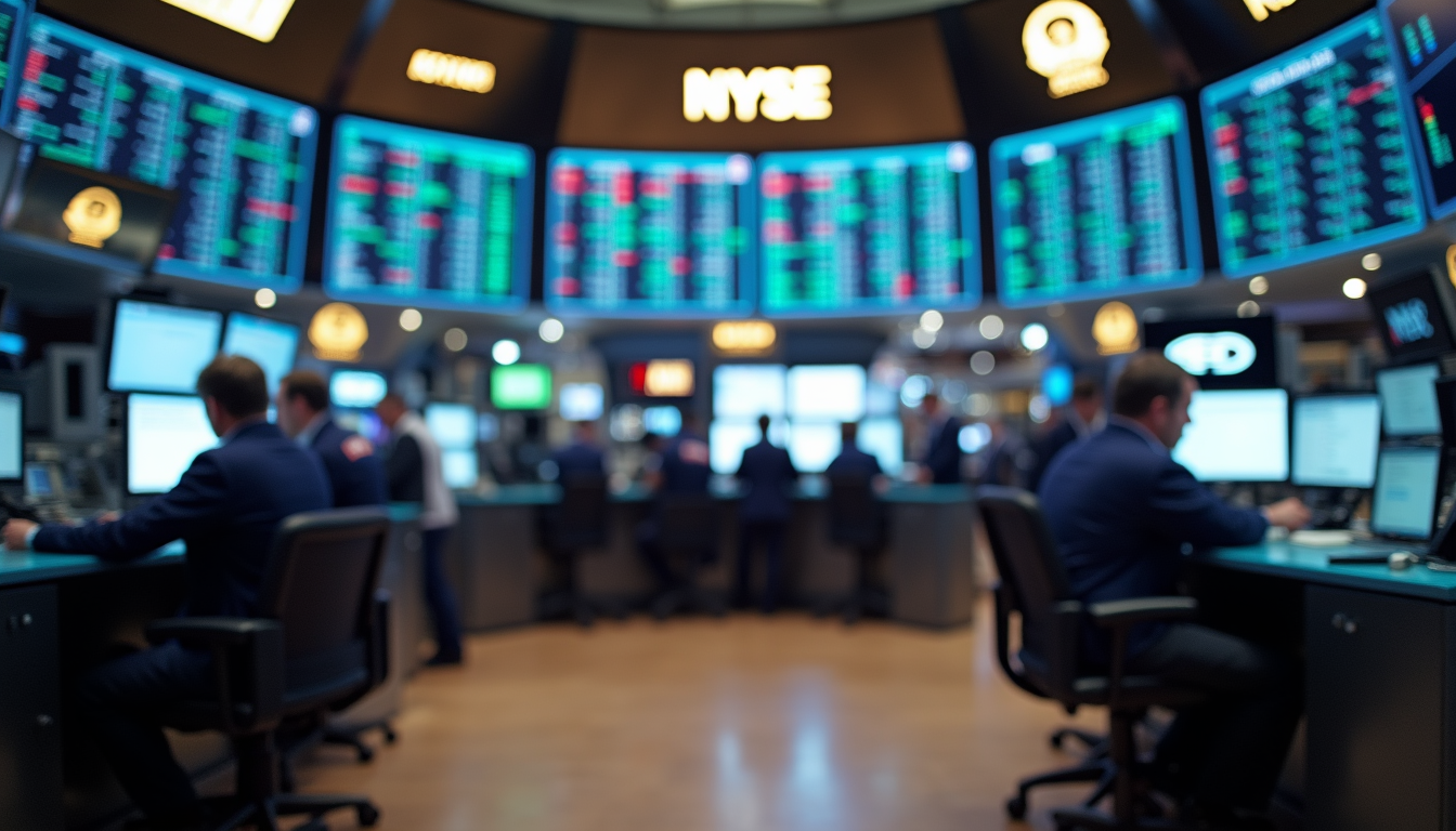 Eye-level view of a bustling stock exchange floor