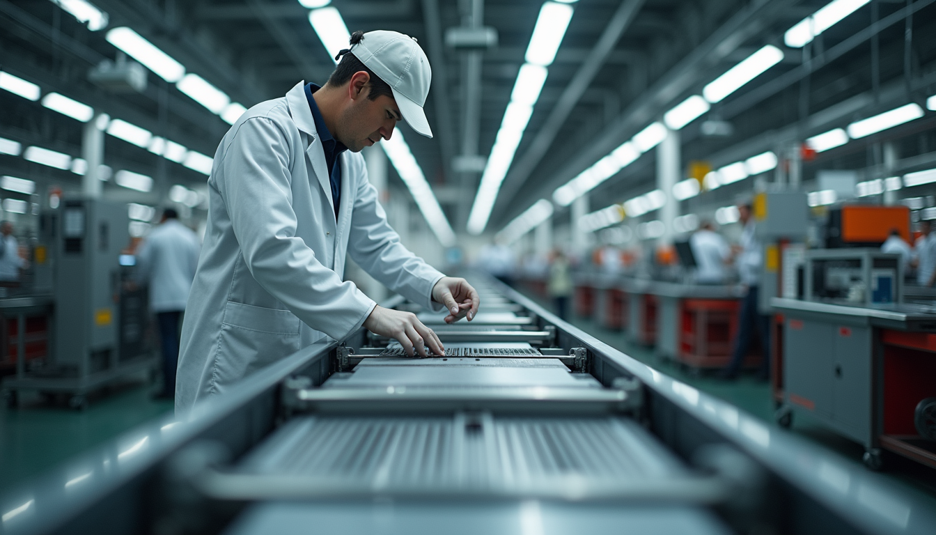 Eye-level view of a Tesla factory assembly line