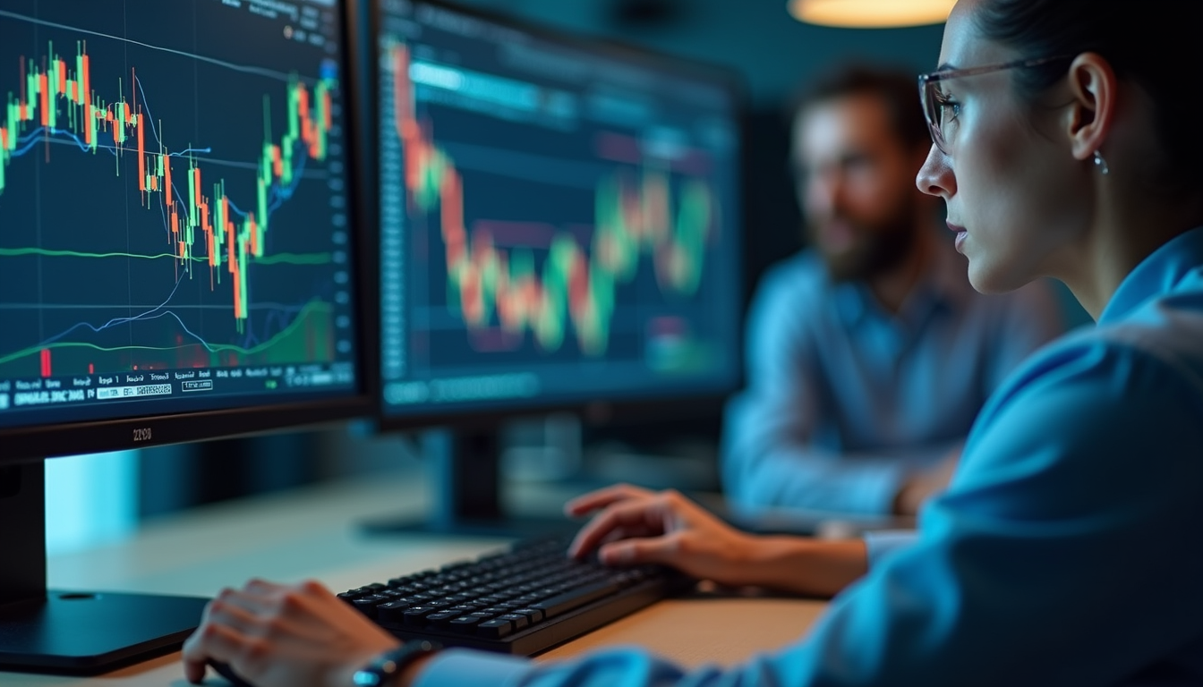 Close-up view of a financial analyst reviewing stock data