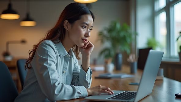 Eye-level view of a young professional engaged in a virtual meeting