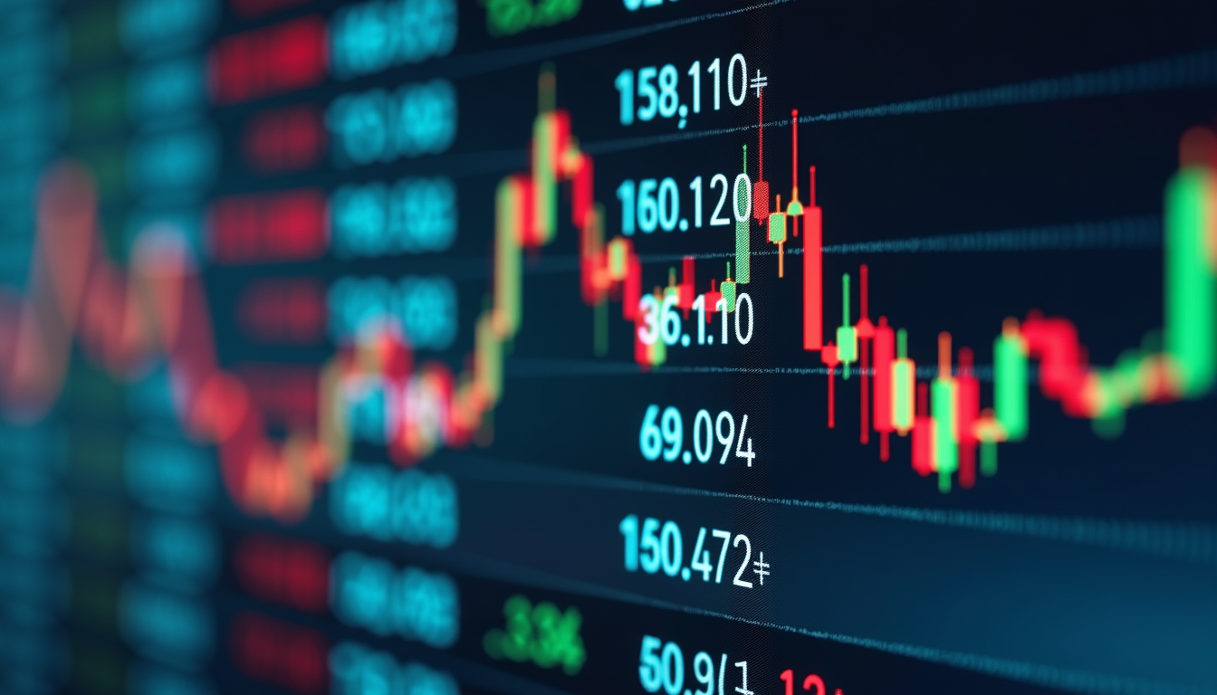 Close-up view of a stock market ticker displaying various stock prices - P/E ratio greater than 50