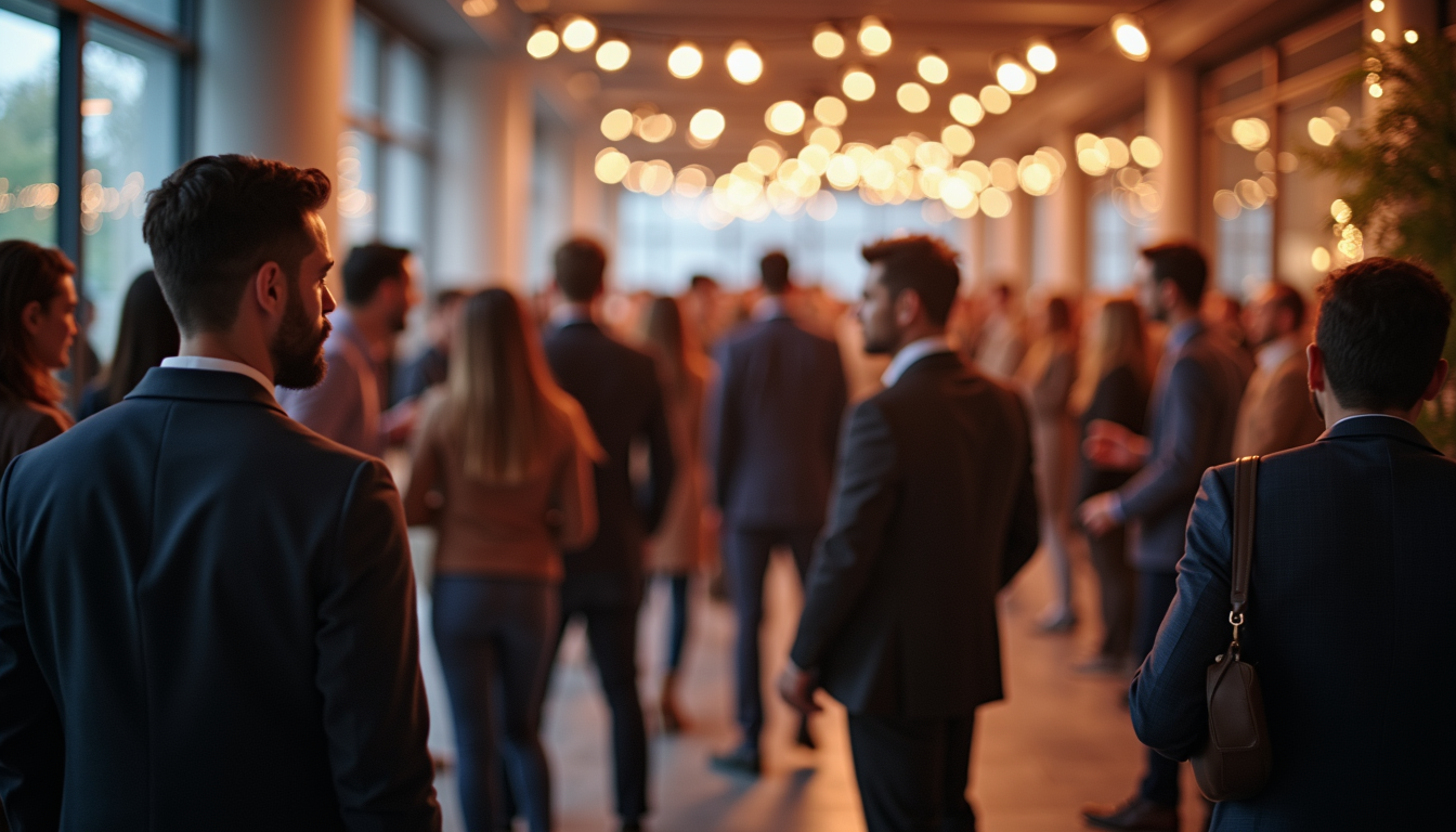High angle view of a networking event with professionals interacting