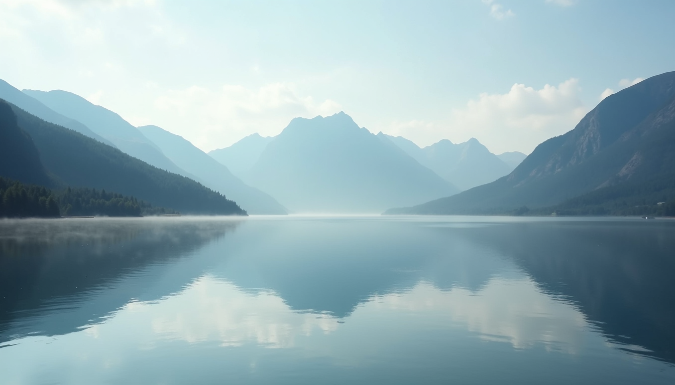 Wide angle view of a serene landscape with a calm lake and mountains