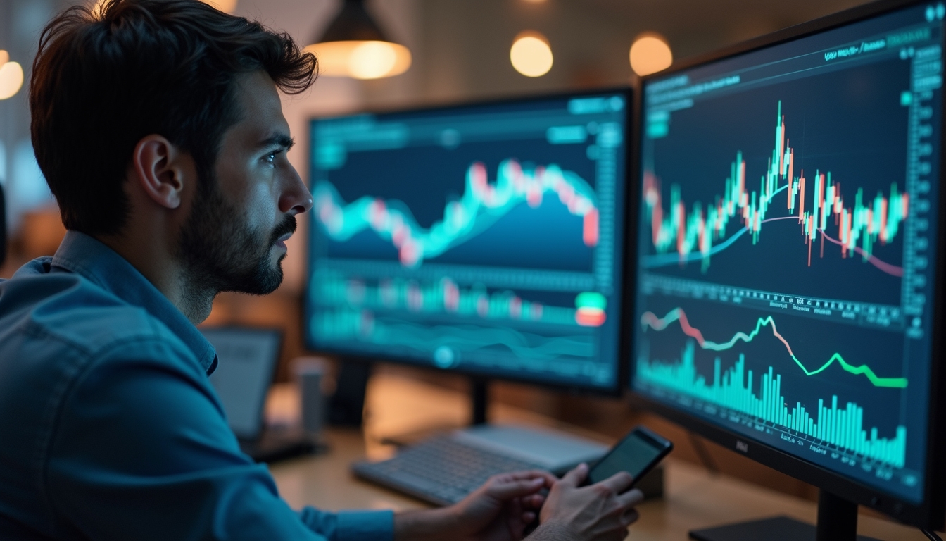 Eye-level view of a financial analyst reviewing stock data on a digital platform - P/E ratio greater than 50
