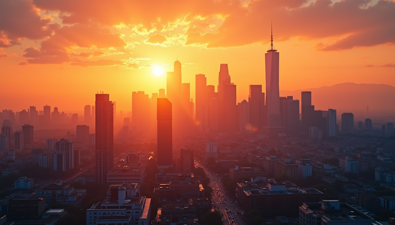 Close-up view of a vibrant city skyline at sunset