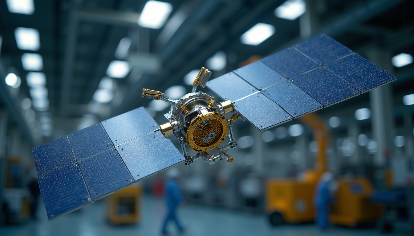 Close-up view of a satellite being assembled