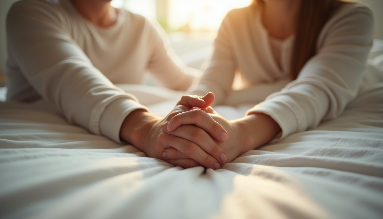 Eye-level view of a couple holding hands on a bed with soft natural light