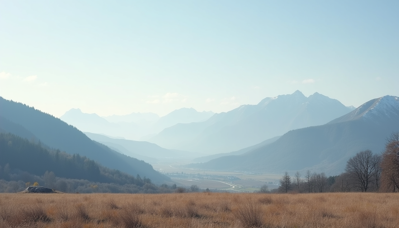 Wide angle view of a peaceful landscape with mountains and a clear sky