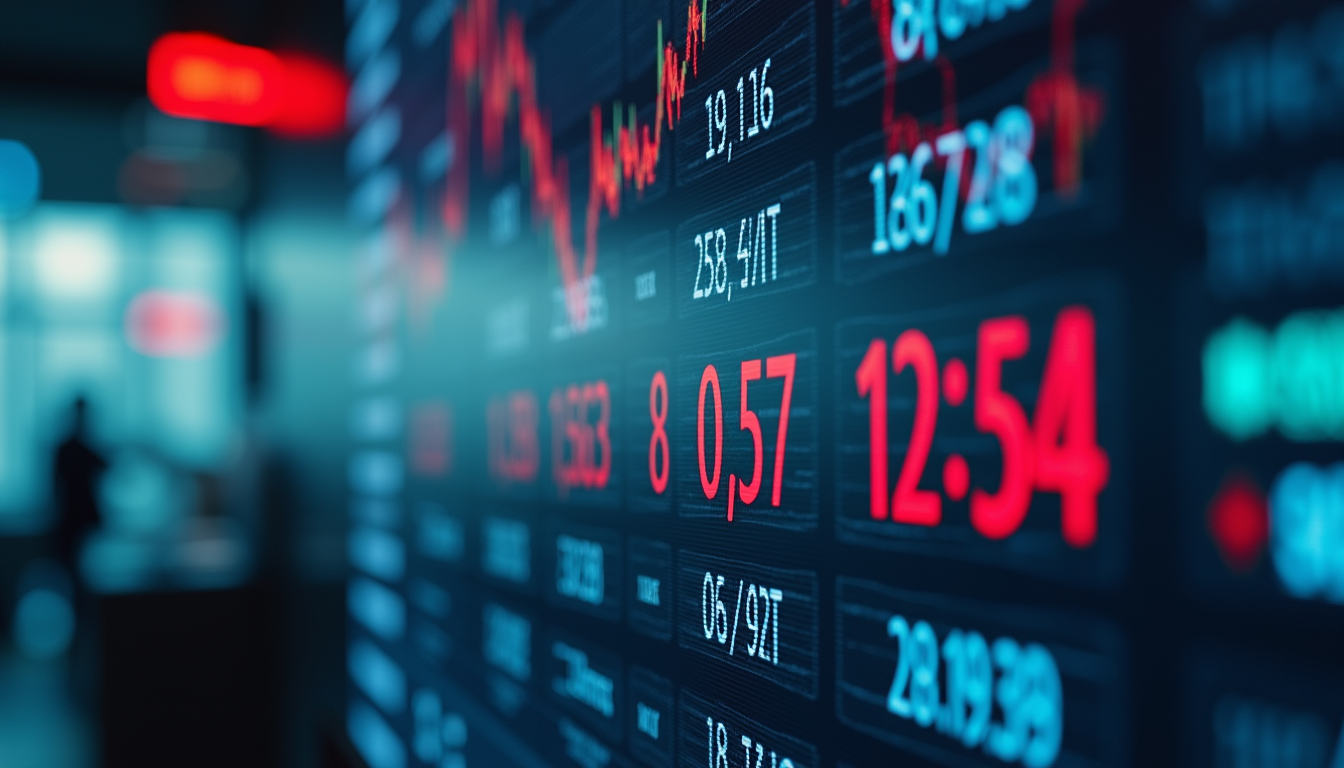 Eye-level view of a stock market display board