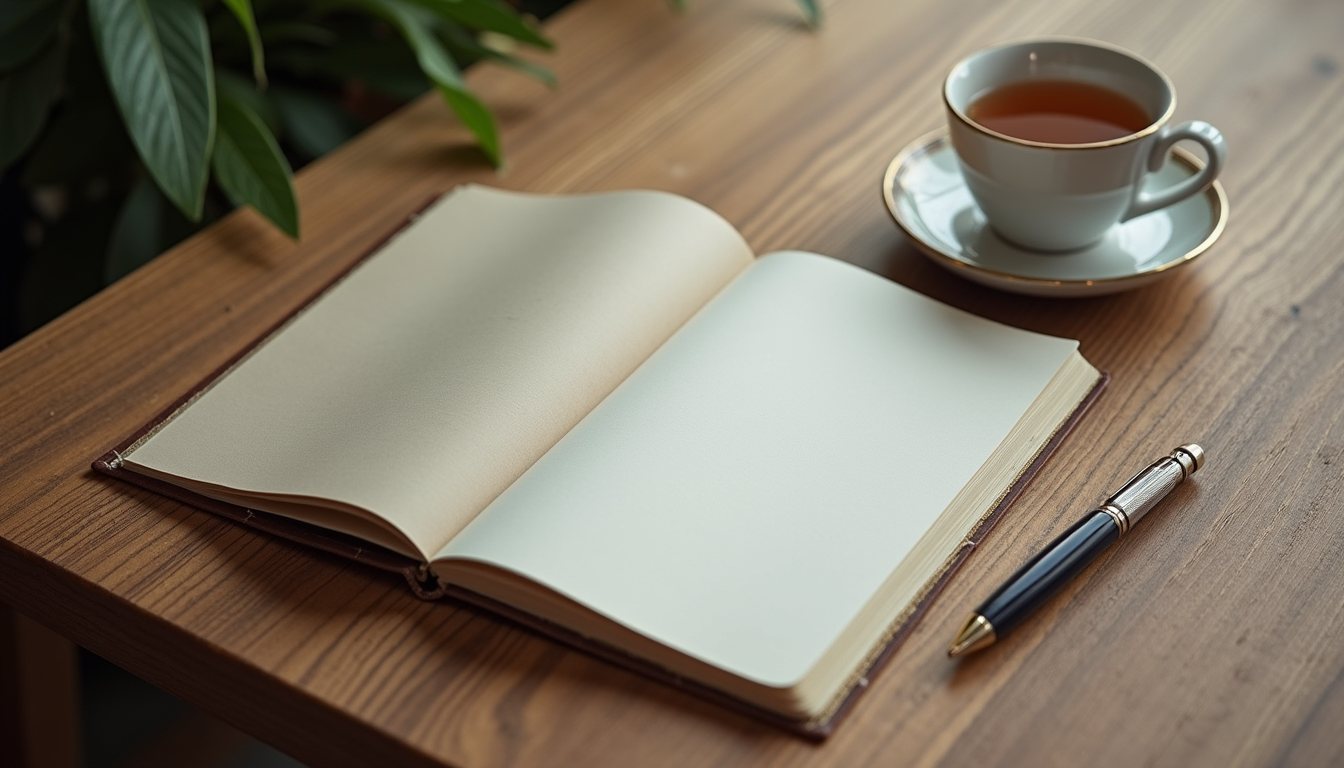 High angle view of a journal and pen next to a cup of tea on a wooden table