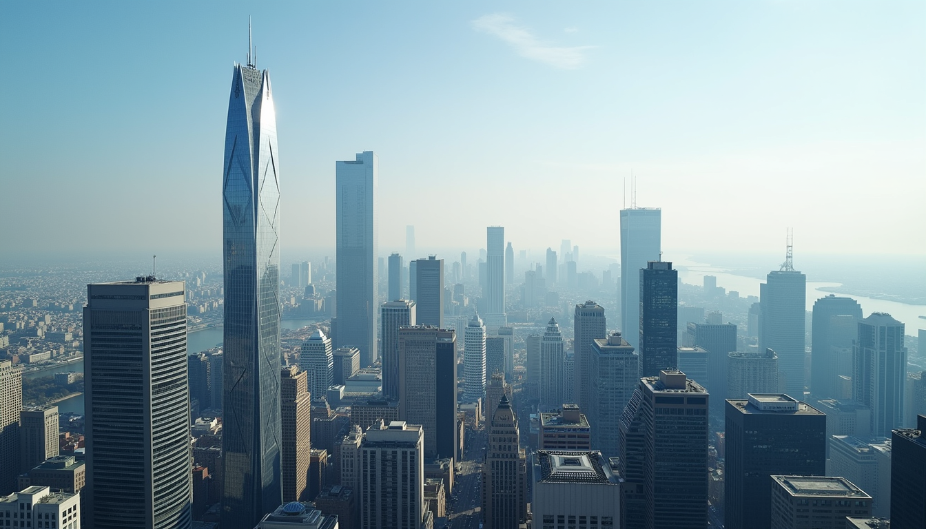 Wide angle view of a city skyline with financial buildings