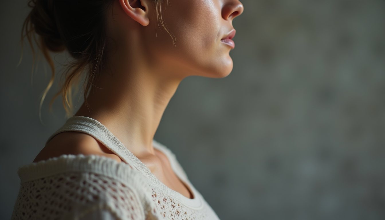 Close-up view of a person’s relaxed shoulders and deep breathing