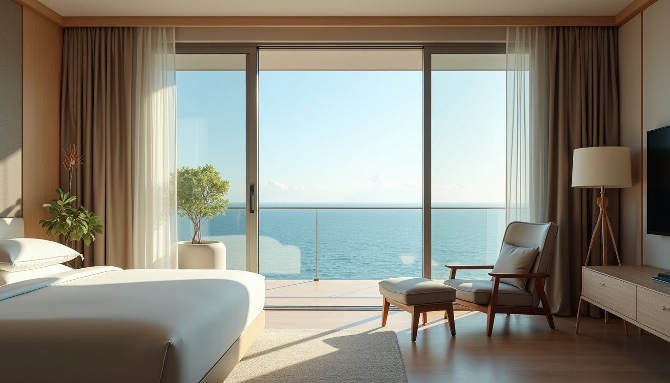 Wide angle view of a luxury hotel room set up for a solo traveler with a view of the ocean