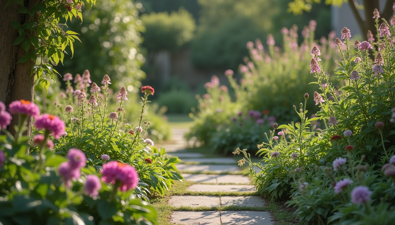 Eye-level view of a tranquil garden with a variety of plants