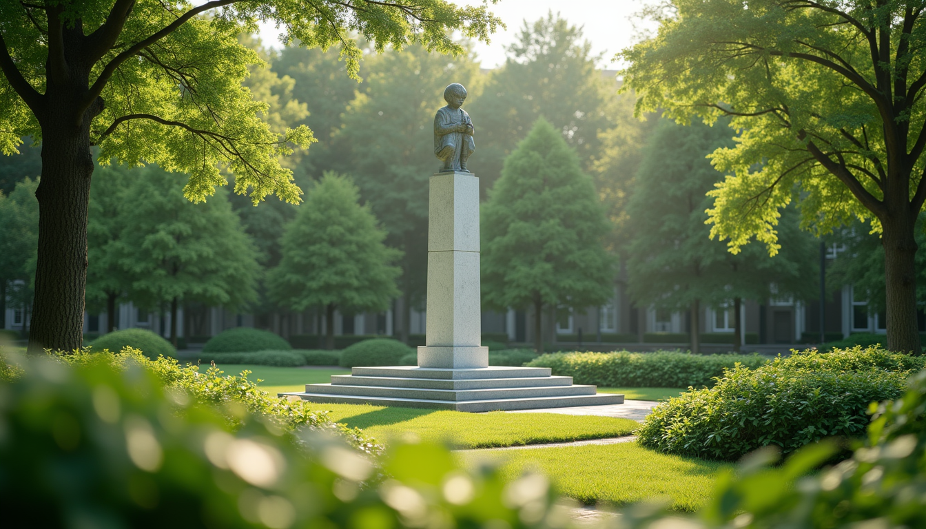 Eye-level view of a historic peace monument surrounded by greenery
