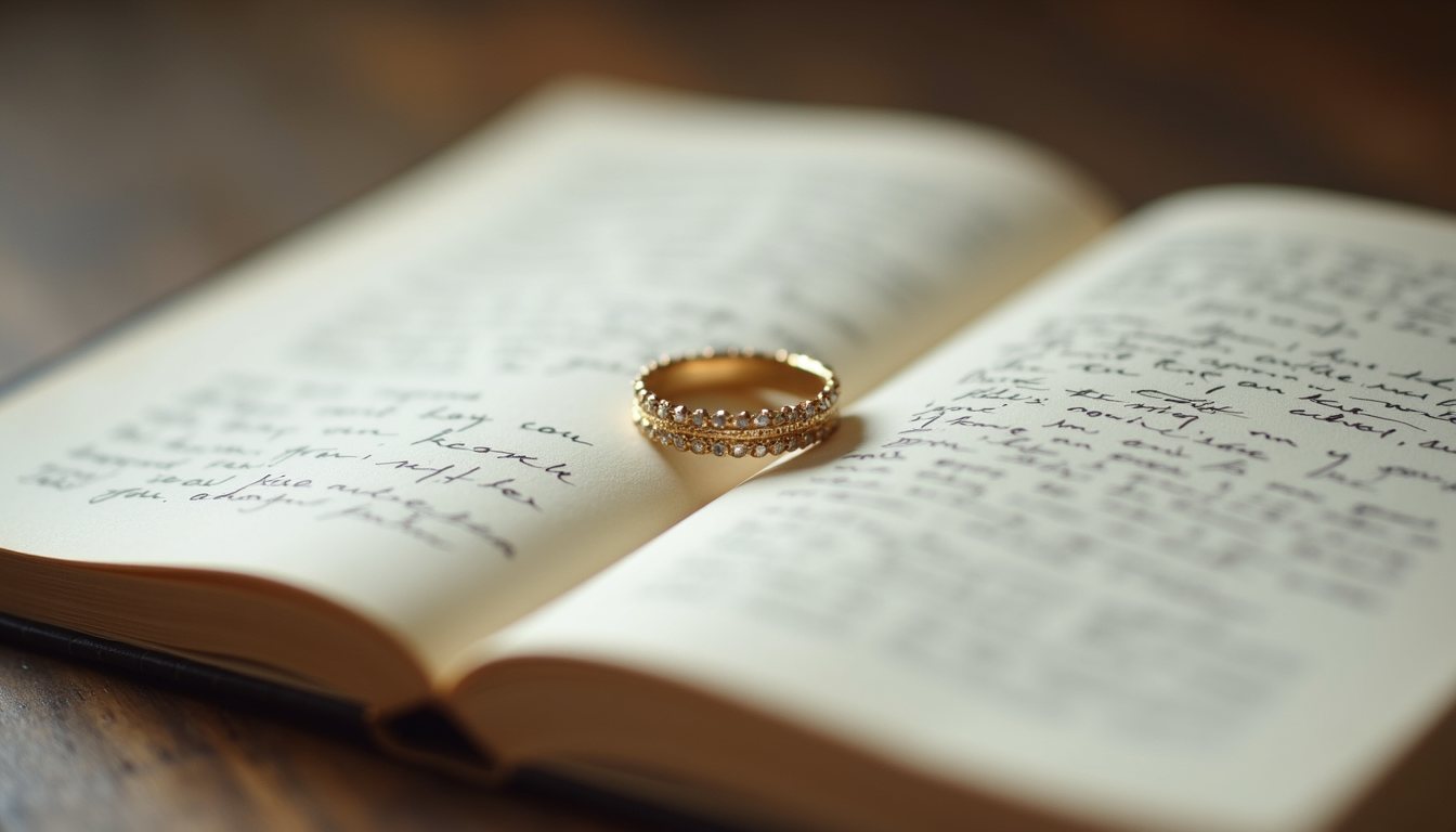 Close-up view of a delicate ring on a hand resting on a journal page with handwritten notes