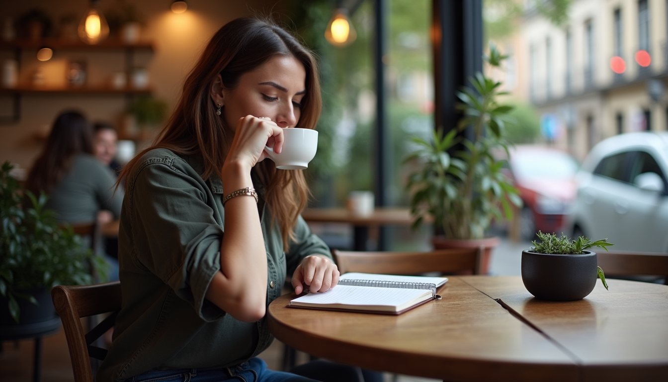 Eye-level view of a person sitting alone at a cozy café table with a journal and coffee