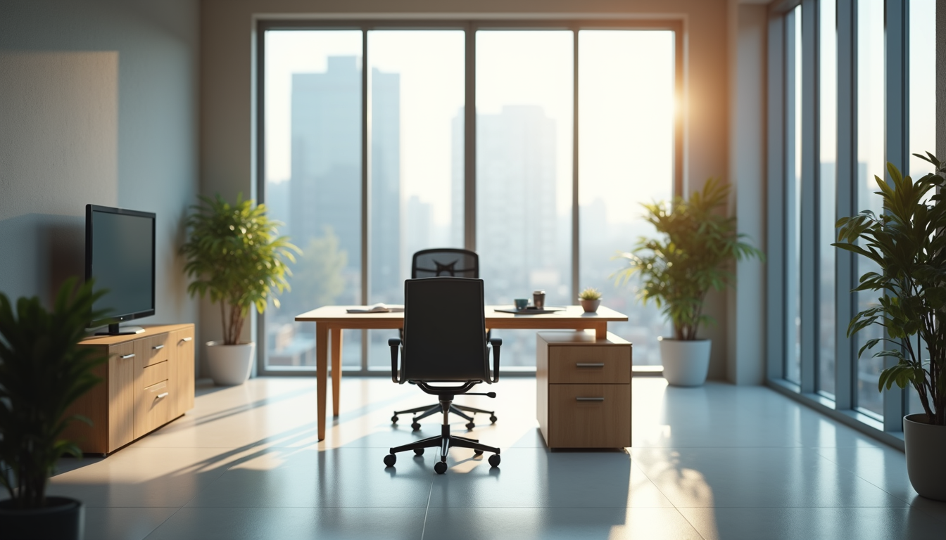 Eye-level view of a modern office space with a focus on a desk and chair