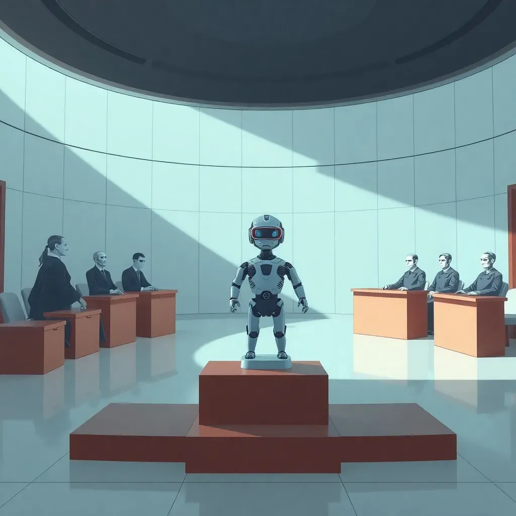 Visual explanation for Synthetic Ethics: The EU AI Omnibus and the War on 'Nudifiers': A futuristic courtroom where a digital AI avatar stands before a panel of European judges, symbolizing the intersection of law and synthetic intelligence.
