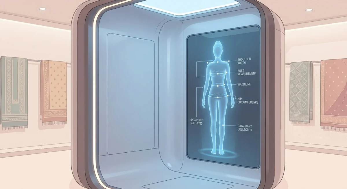 AI bra fit India visual explanation showing A futuristic, elegant 3D body scanning booth in a modern Indian retail store. A soft blue holographic outline of a female figure is visible on a sleek screen, showing precise biometric data points.