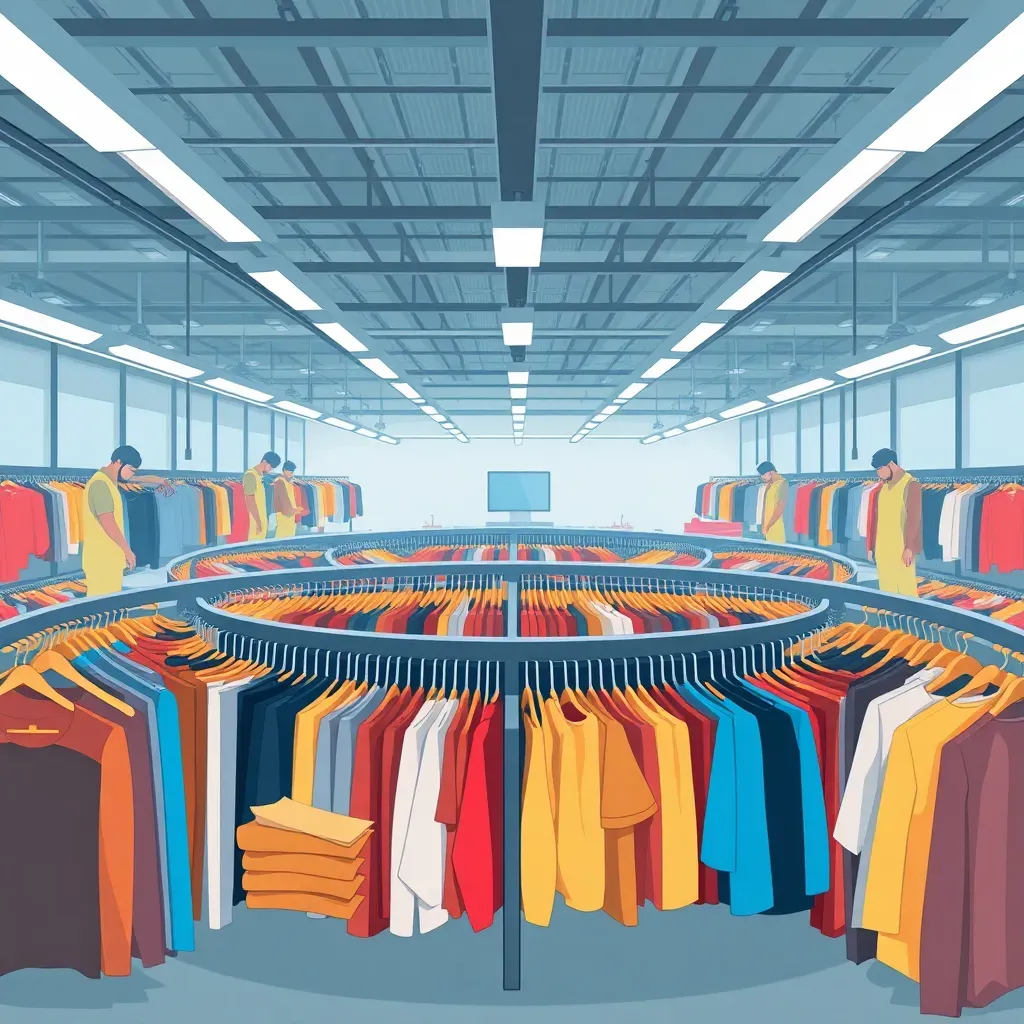 Visual explanation for The Resale Revolution: 70 Brands Lobby for Zero Sales Tax: A high-tech circular fashion sorting facility where robotic arms and human experts work together to categorize thousands of colorful used garments for resale