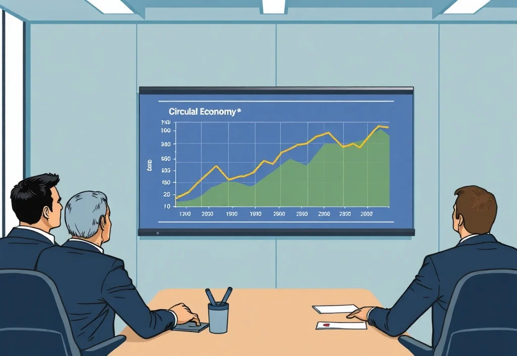Visual explanation for The Resale Revolution: 70 Brands Lobby for Zero Sales Tax: A professional lobbyist in a stylish sustainable suit presenting a digital chart to a government committee, the chart shows a rising line for 'Circular Economy' and a falling line for 'Carbon Emissions'.
