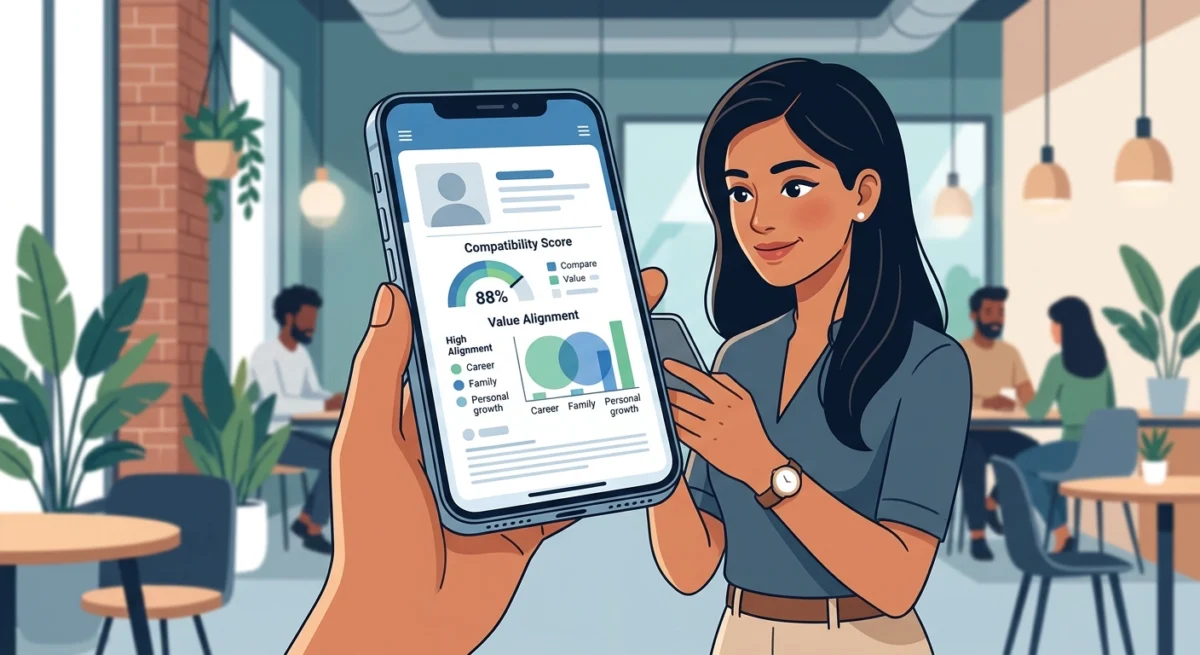 intent-first dating India visual explanation showing A sleek smartphone displaying a professional-looking relationship profile with 'Compatibility Score' and 'Value Alignment' charts, held by a young Indian professional in a modern cafe.