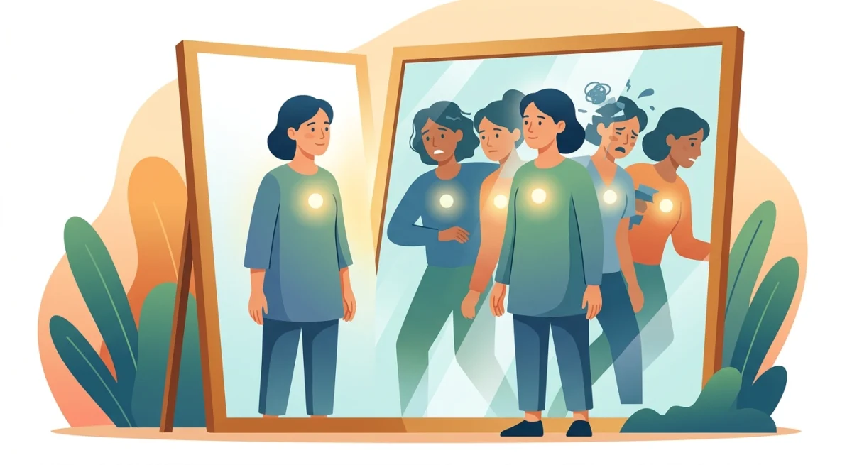 Samkhya Paradigm Mental Ecology visual explanation showing A conceptual art piece showing a person looking into a mirror and seeing multiple versions of themselves, but with a single, steady light shining from their chest, representing the Purusha.