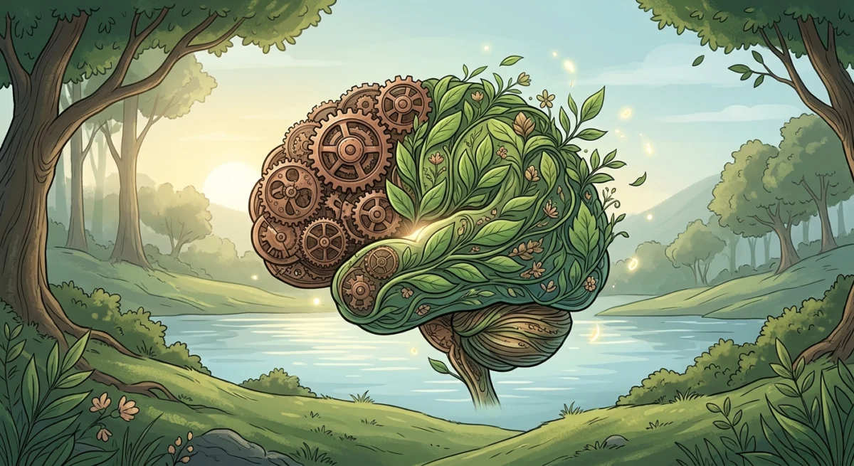 Samkhya Paradigm Mental Ecology visual explanation showing A detailed, elegant illustration showing a human brain composed of gears and leaves, symbolizing the intersection of material nature and pure consciousness in a serene environment.
