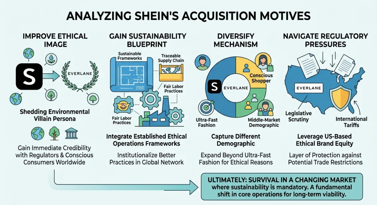 Shein Everlane deal visual explanation showing Analyzing Shein's Acquisition Motives Shein aims to shed its image as an environmental villain through this strategic acquisition. By owning a brand synonymous with ethics, they hope to gain immediate credibility with skeptical regulators and modern conscious consumers worldwide. The acquisition provides Shein with a blueprint for sustainable operations that they currently lack. Integrating Everlane’s established frameworks could allow Shein to institutionalize better practices across their vast and complex global manufacturing network today. Financial diversification also plays a significant role in this high-stakes business decision. Expanding into the middle-market segment allows Shein to capture a different demographic that typically avoids ultra-fast fashion for ethical and social reasons. Furthermore, Shein is looking to leverage Everlane’s brand equity to navigate potential trade restrictions. Having a US-based ethical brand in their portfolio offers a layer of protection against increasing legislative scrutiny and international tariffs. Ultimately, this move is about survival in a changing market where sustainability is mandatory. Shein recognizes that their current model is unsustainable in the long term without a fundamental shift in their core operations.