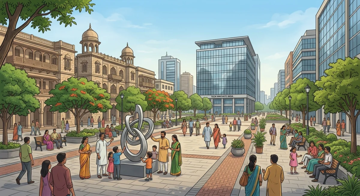 Urban Saturation India 2026 visual explanation showing A wide-angle, high-resolution shot of a modern city square in a Tier-2 Indian city. The square features contemporary sculptures, indigenous trees, and people of various ages interacting. The background shows a mix of traditional architecture and sleek, glass-fronted tech offices under a clear blue sky.