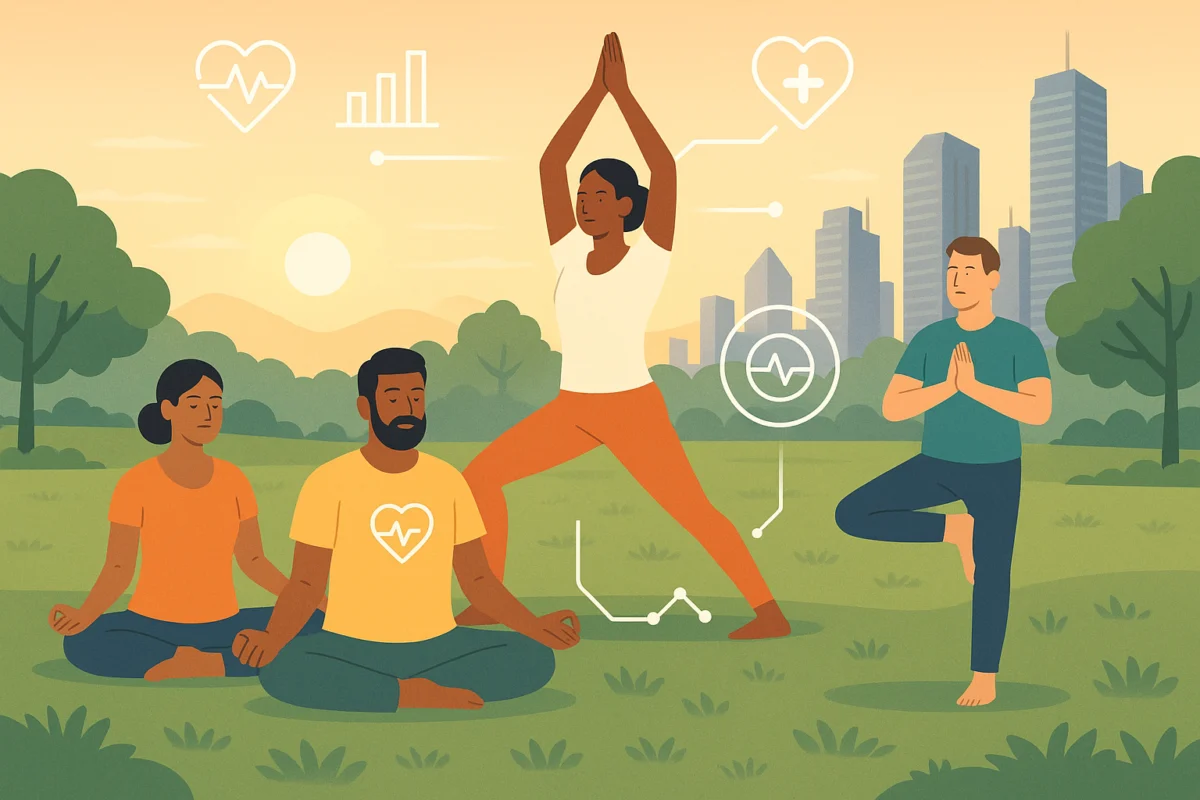 yoga 365 india visual explanation showing A professional illustration of a diverse group of people in an Indian park practicing yoga at sunrise, with modern skyscrapers in the background and a digital health overlay.