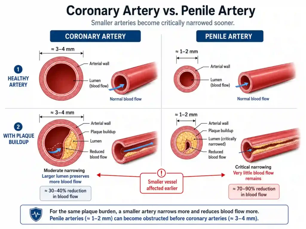 The heart and erection connection is illustrated by comparing a healthy coronary artery and a healthy penile artery, highlighting their similar vascular structure.