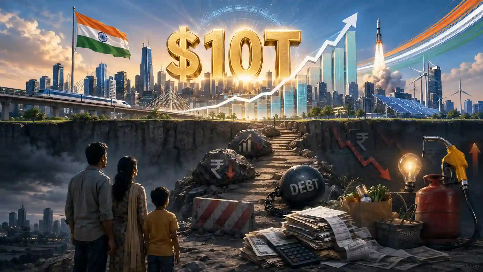 India's Path to a $10 Trillion Economy shown as a chart beside coins and a rising arrow, illustrating the gap between growth goals and everyday financial reality.