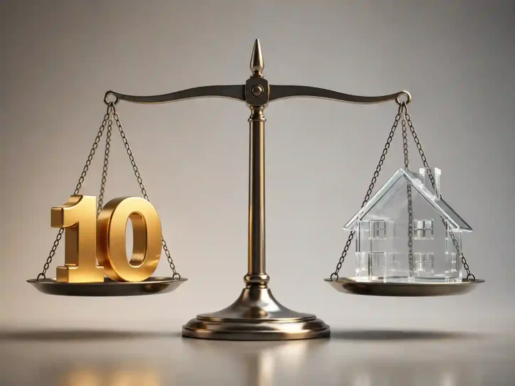 India's Path to a $10 Trillion Economy concept showing a housing balance scale, symbolizing the tension between national growth goals and everyday financial reality.