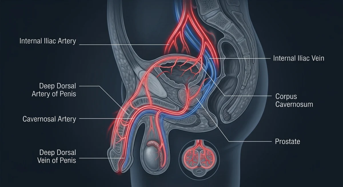 Testosterone and Time: Navigating Erections as You Age visual explanation showing A detailed anatomical diagram showing the vascular system of the male pelvic region, highlighting healthy blood flow with glowing blue and red lines, set against a dark, professional medical background.