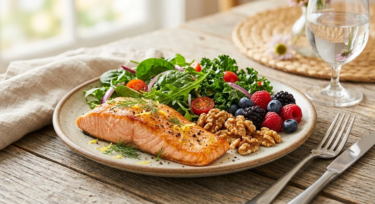 Testosterone and Time: Navigating Erections as You Age visual explanation showing A vibrant, professional photograph of a Mediterranean-style meal featuring salmon, leafy greens, walnuts, and berries, symbolizing nutritional support for hormonal and cardiovascular health.