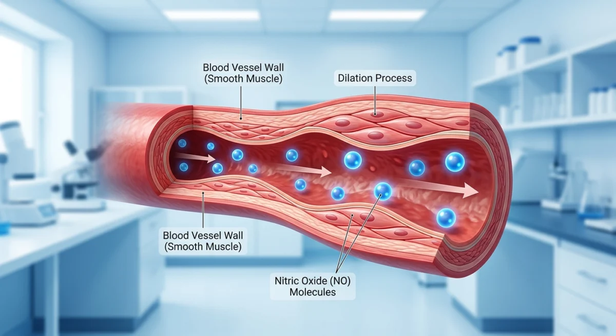The Blue Pill Protocol Sildenafil visual explanation showing A professional 3D medical illustration showing a cross-section of a blood vessel dilating, with glowing molecules representing Nitric Oxide, set against a clean blue and white laboratory background.