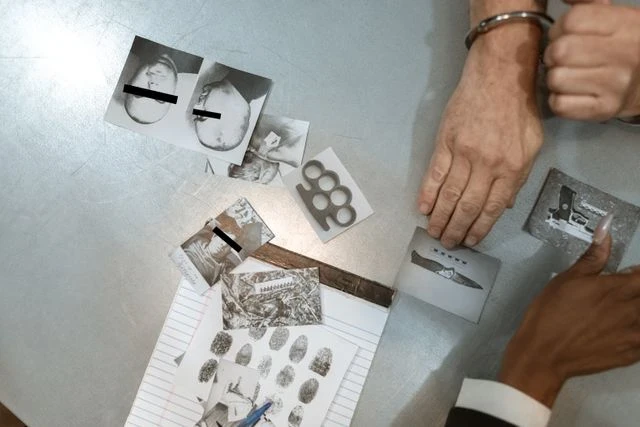 True crime evidence: mugshots, weapons, fingerp… True crime evidence: mugshots, weapons, fingerprints, and cuffed hands on table.