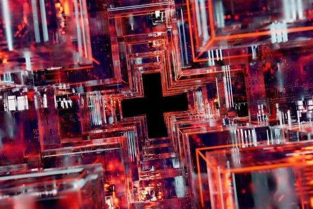 An abstract 3D tunnel of glowing red translucent cubes and geometric structures framing a central cross-shaped void.