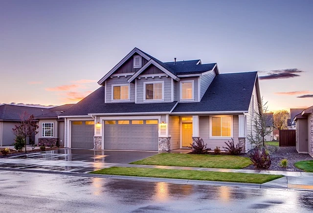 An orderly suburban neighborhood at dusk, representing the social illusion of security in affluent communities