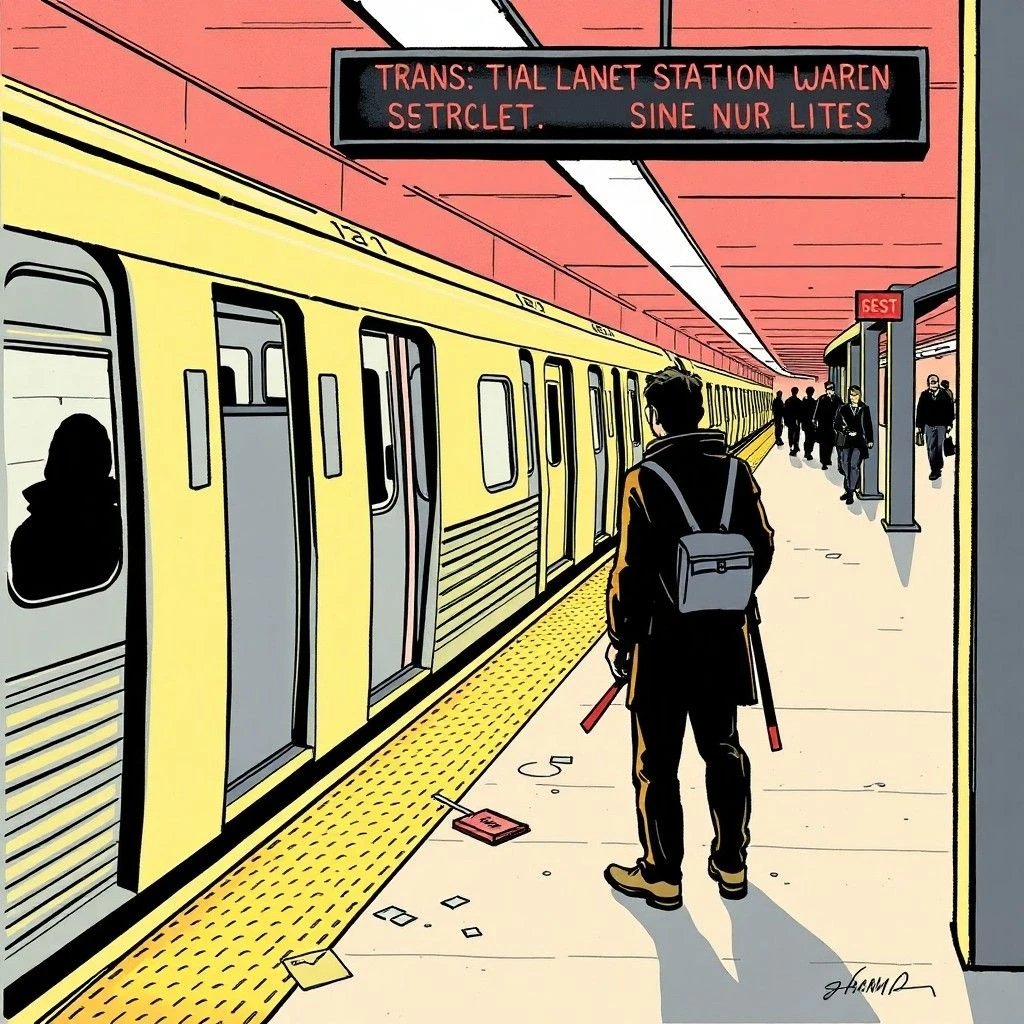 Editorial illustration of a train platform with a lone commuter, overhead signage, and scattered debris