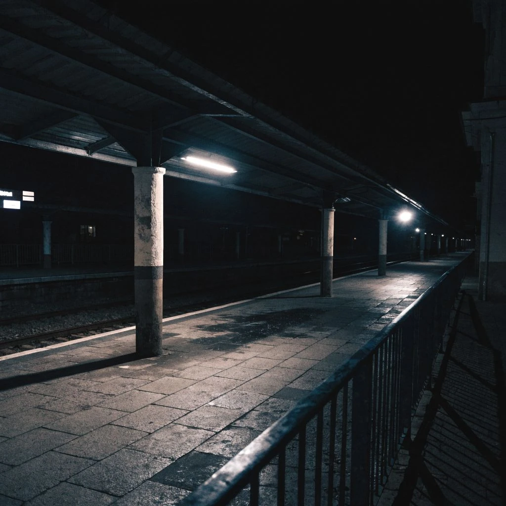Empty railway station platform at night with harsh overhead lights and a deserted walkway